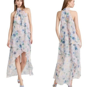 Misa Victorine Layered Watercolor Chiffon High Low Halter Size L NWT